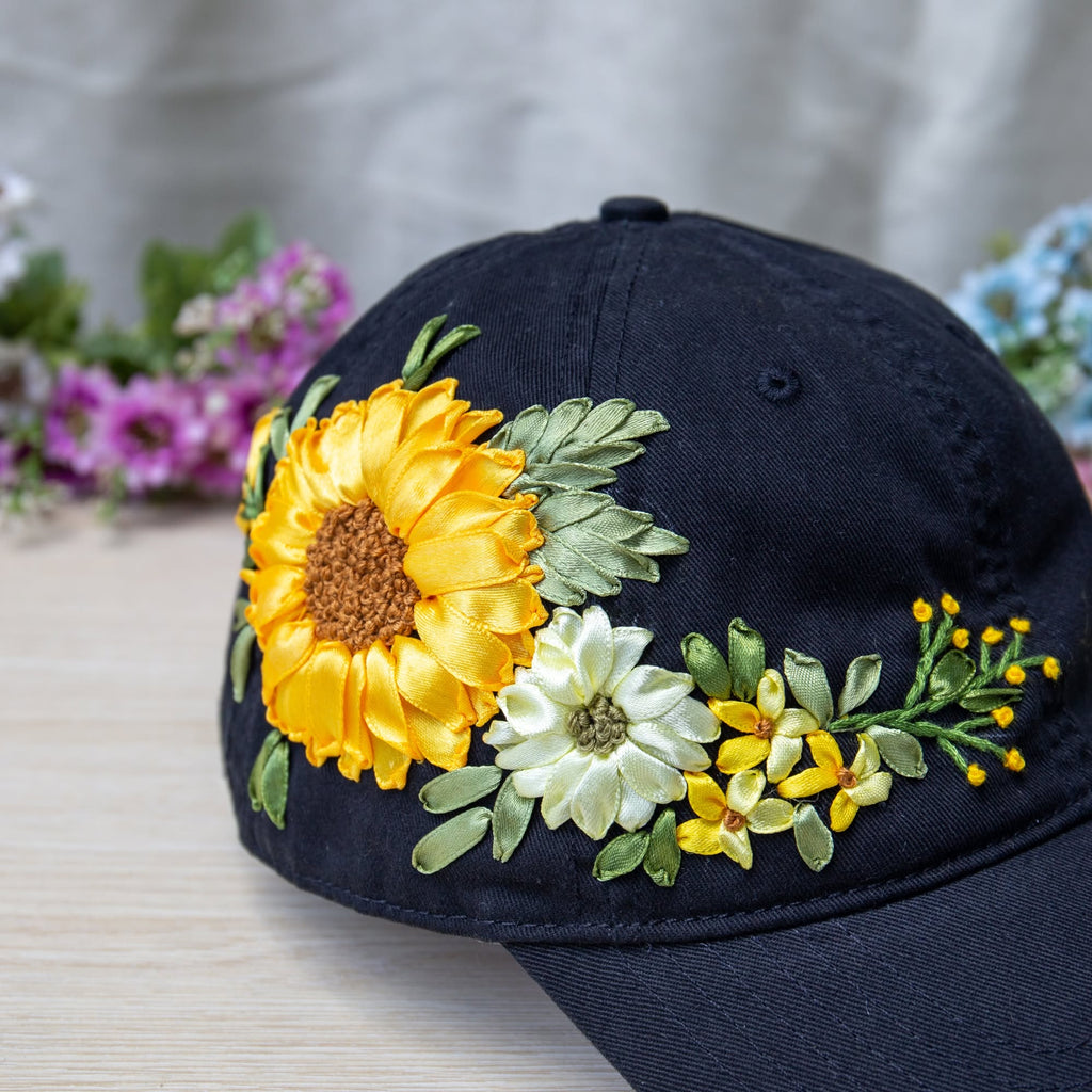 Custom Sunflower Hand-Embroidered Baseball Cap, Embroidered Cap, Hand Embroidered Cap, Custom Hat Embroidery, Family Hat EMSH11