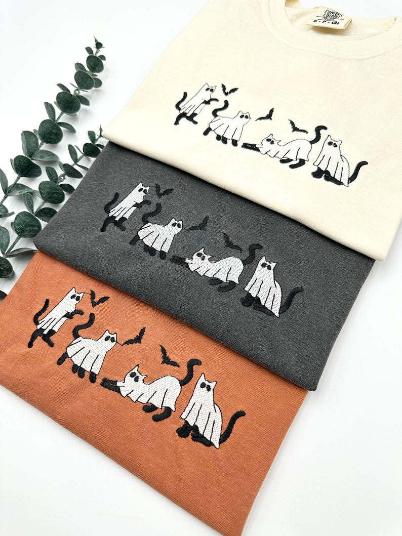 Embroidered Ghost Cat Shirt, Halloween Cat Lover Tee, Cat Shirt, Unisex Halloween Shirt HLEM12