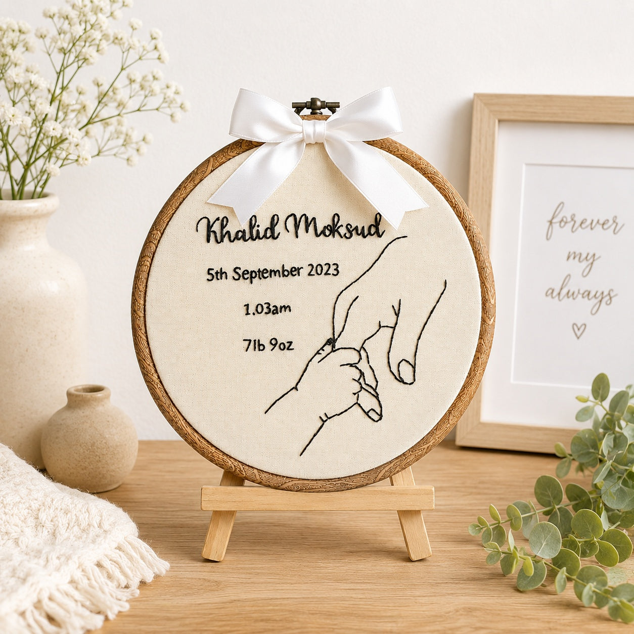 Personalized Baby Birth Details Embroidery Hoop, Custom Newborn Keepsake, Handmade Baby Name Hoop Art, Nursery Decor, Baby Shower GiftEM11