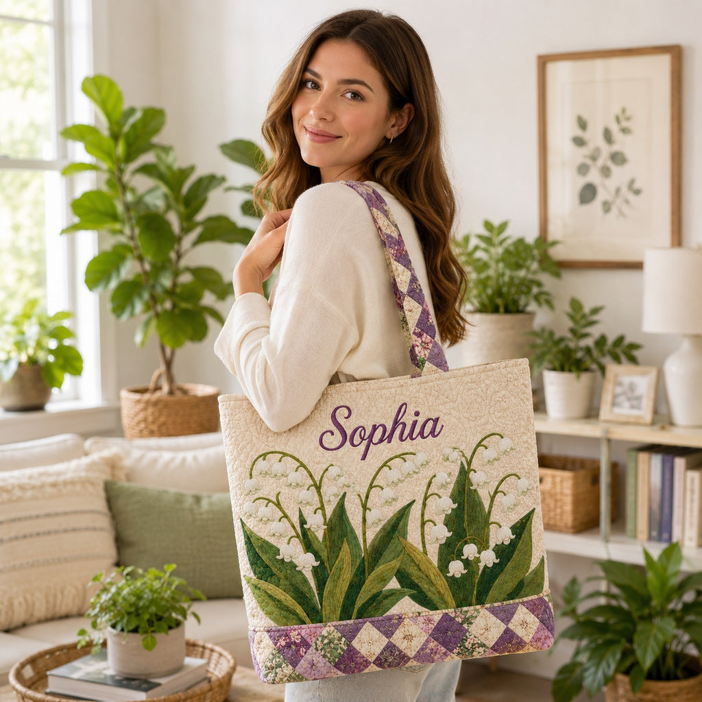 Lily of the Valley Quilted Tote Bag, Floral Tote Bag, Quilted Shoulder Bag, Quilted Book Bag, Fabric Bag QTOTE63