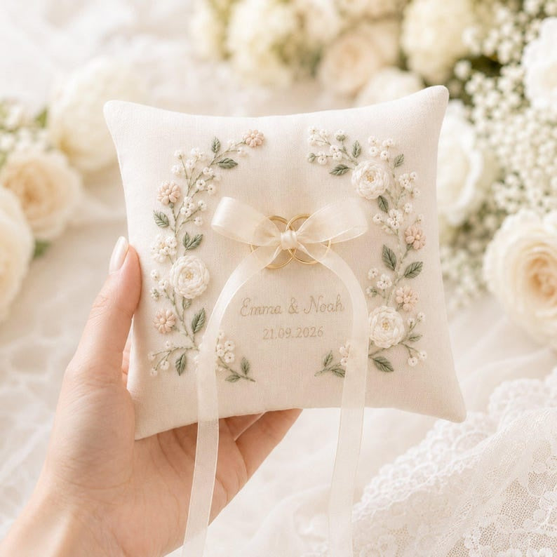 Personalized Embroidered Floral Wedding Ring Bearer Pillow, Custom Wedding Ring Pillow, Wedding Keepsake Gift WPILLOW11