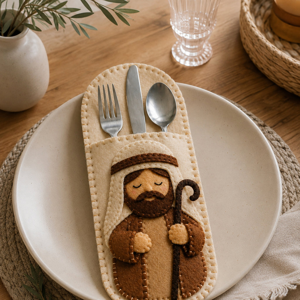 Saint Joseph Felt Silverware Holder, Christmas Cutlery Pocket, Religious Holiday Table Decor, Christmas Kitchen Decor FELTCH12