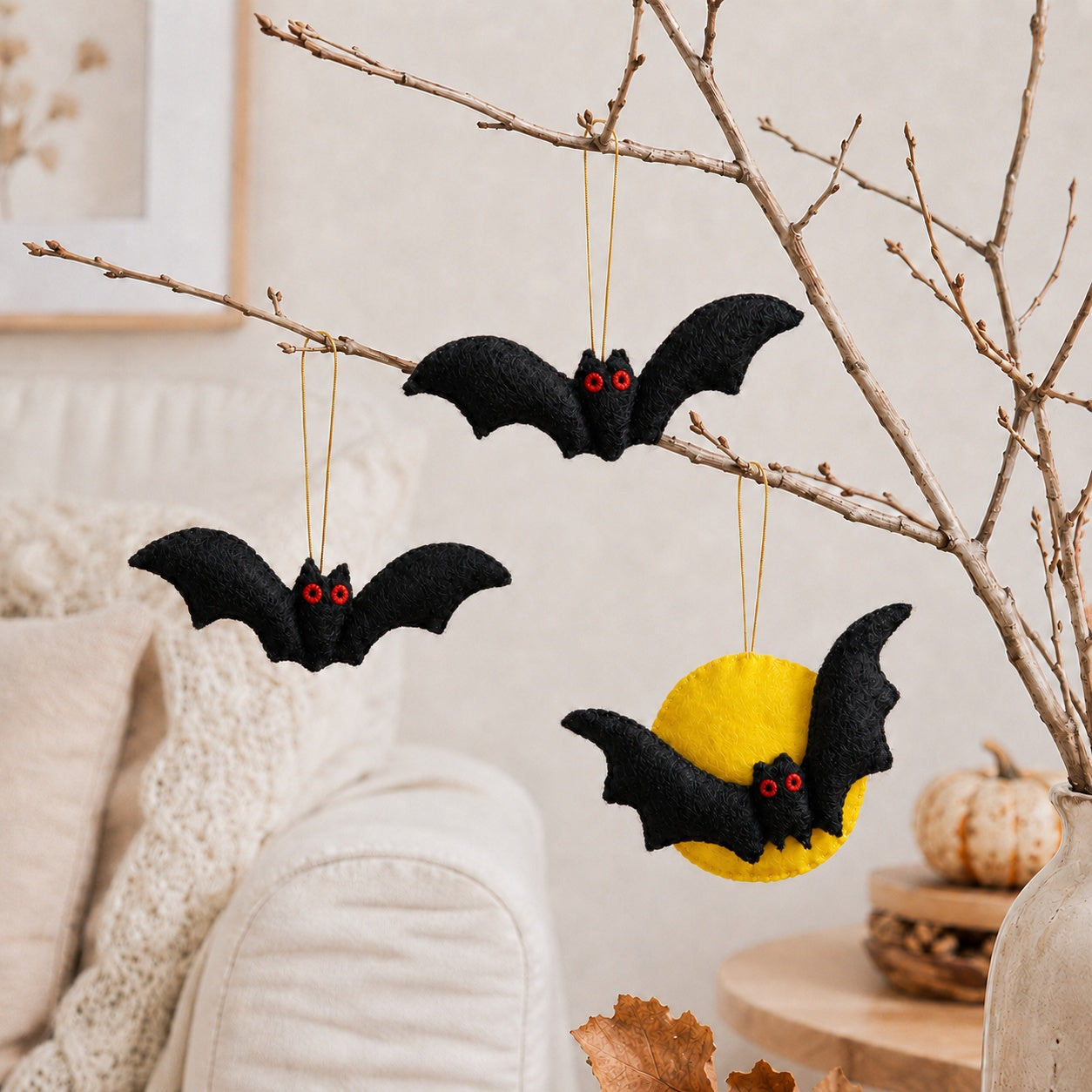 Set 3Pcs Moon Bats Felt Ornament, Embroidery Felt Ornament, Hanging Decor, Halloween Gift for Home Decoration HFOR13