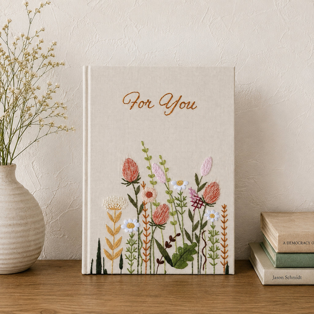 Hand Embroidered Floral Notebook, Custom Journal Notebook, Personalized Floral Notebook With Name, Linen Fabric Hard Cover Notebook, Special Custom Handmade Gift and Keepsakes ENB07