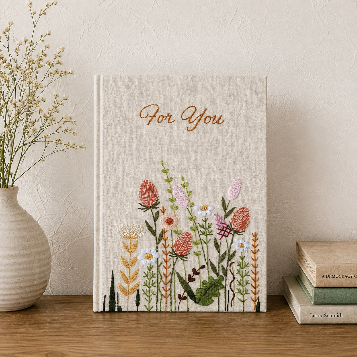 Hand Embroidered Floral Notebook, Custom Journal Notebook, Personalized Floral Notebook With Name, Linen Fabric Hard Cover Notebook, Special Custom Handmade Gift and Keepsakes ENB07