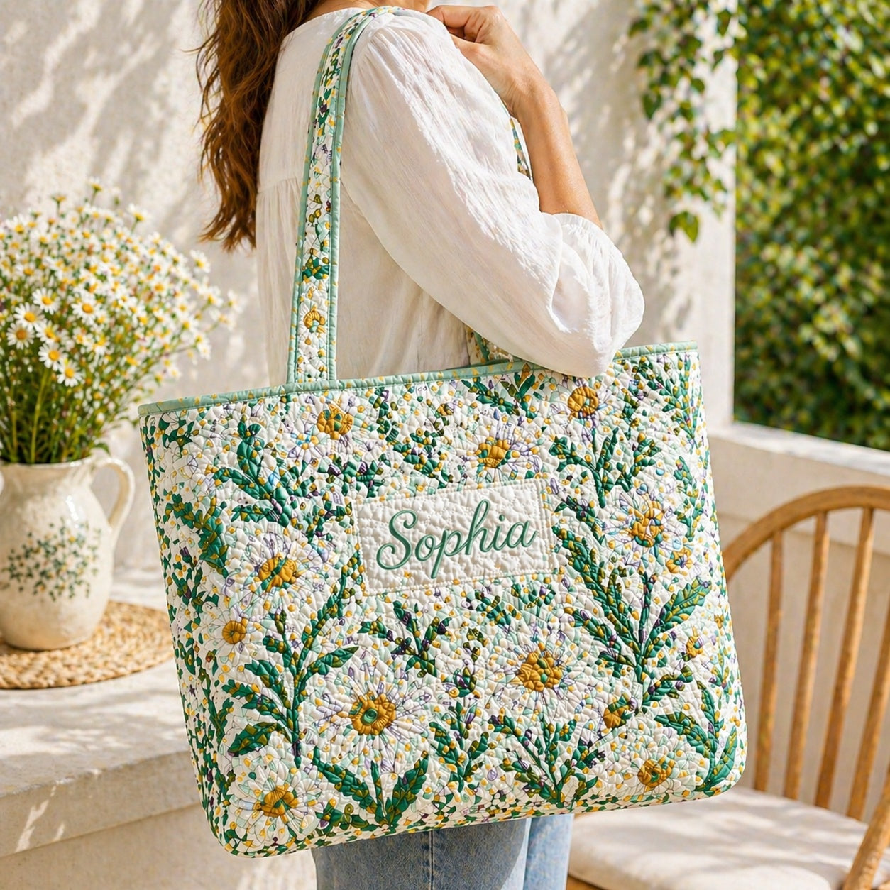 Daisy Quilted Tote Bag, Daisy Pattern Tote Bag, Quilted Shoulder Bag, Quilted Book Bag, Fabric Bag QTOTE74