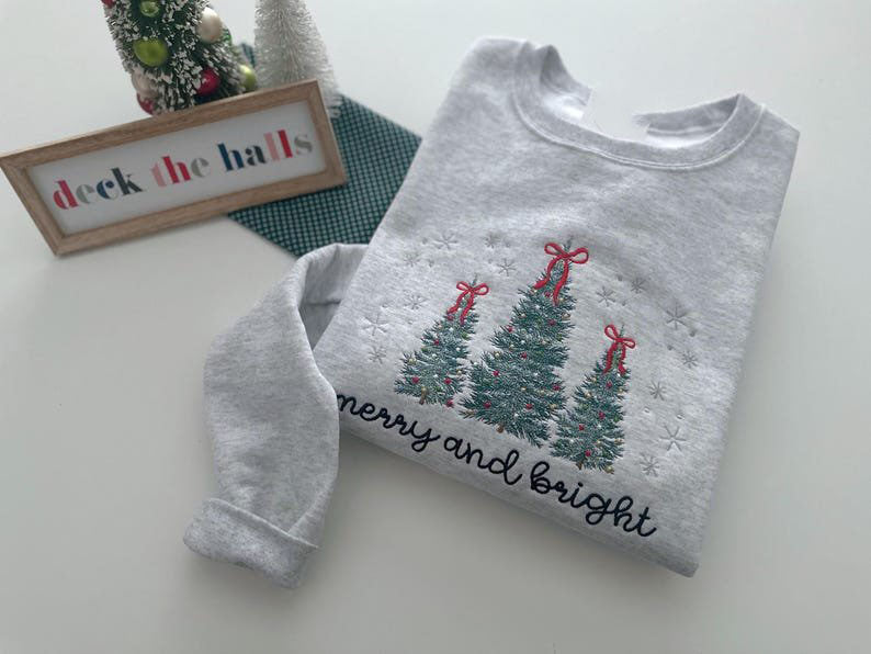 Merry and Bright Embroidered Sweatshirt, Christmas Tree Embroidered Crewneck, Cozy Christmas Sweater, Holiday Sweatshirt XMASS08