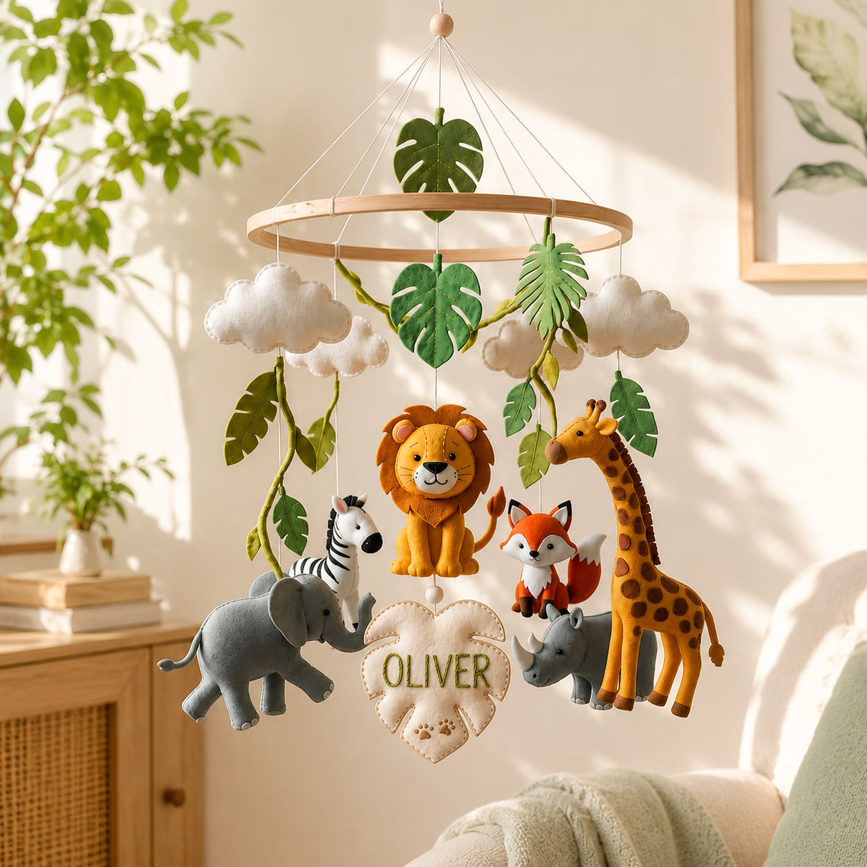 Personalized Safari Animals Felt Baby Mobile, Custom Name Jungle Nursery Crib Mobile, Lion Giraffe and Elephant Felt Hanging Decor BBMB12
