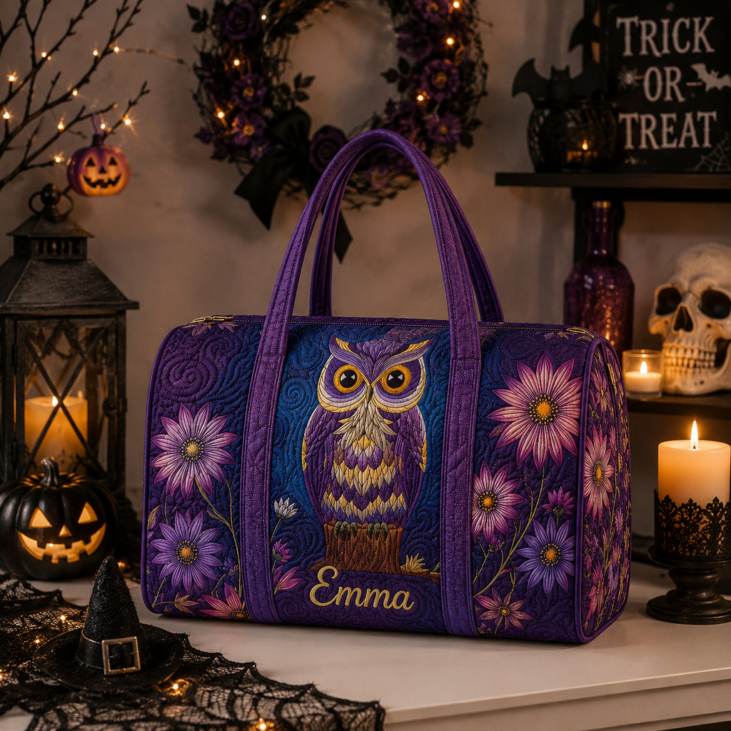 Owl Floral Quilted Duffle Bag, Fall Travel Bag with Name, Autumn Weekender Bag, Owl Lover Gift DFB34
