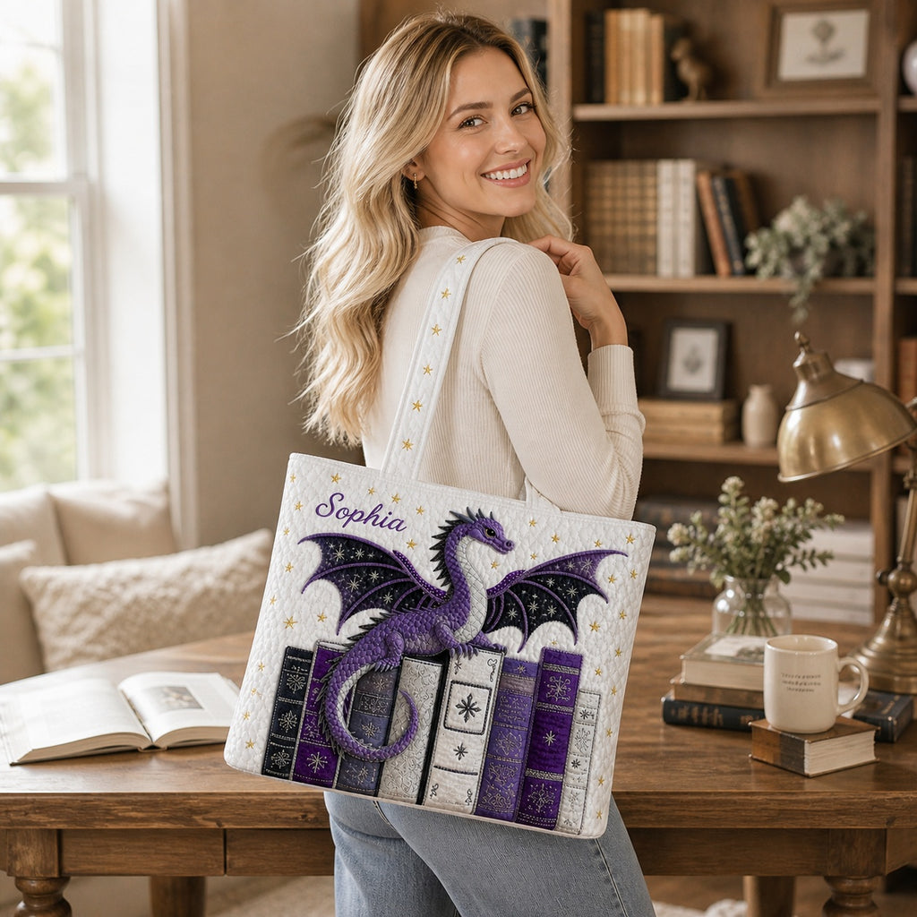 Fantasy Dragon Quilted Tote Bag, Dragon Book Pattern Tote Bag, Quilted Shoulder Bag, Quilted Book Bag, Fabric Bag QTOTE77