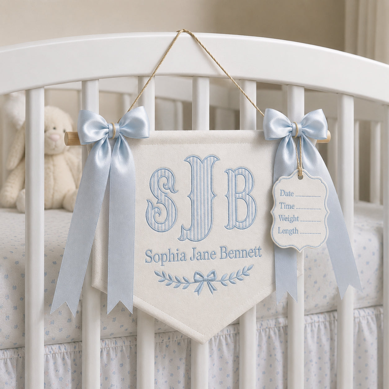 Personalized Embroidered Baby Name Banner, Custom Hospital Crib Banner with Birth Stats Tag, Newborn Nursery Keepsake, Monogram Hospital Door Hanger, Baby Shower Gift BBFLAG10