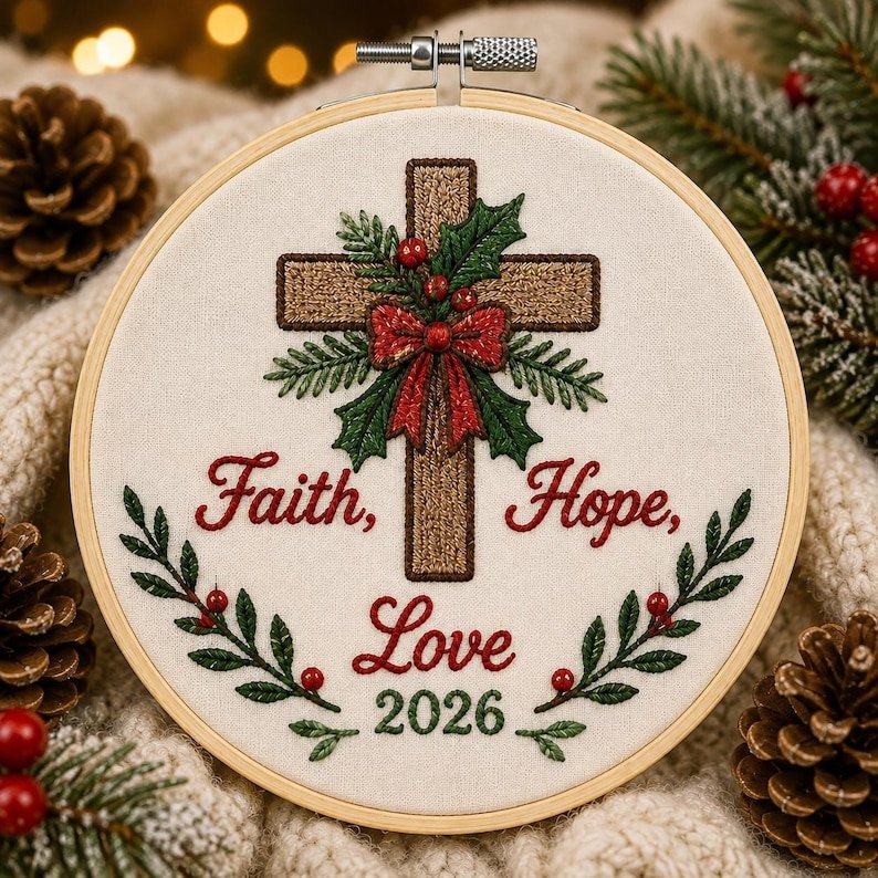 Faith Hope Christmas Embroidered Hoop Ornament, Family Keepsake Gift, Christmas Tree Decoration, Baby Christmas Ornament Gift HOOPN14