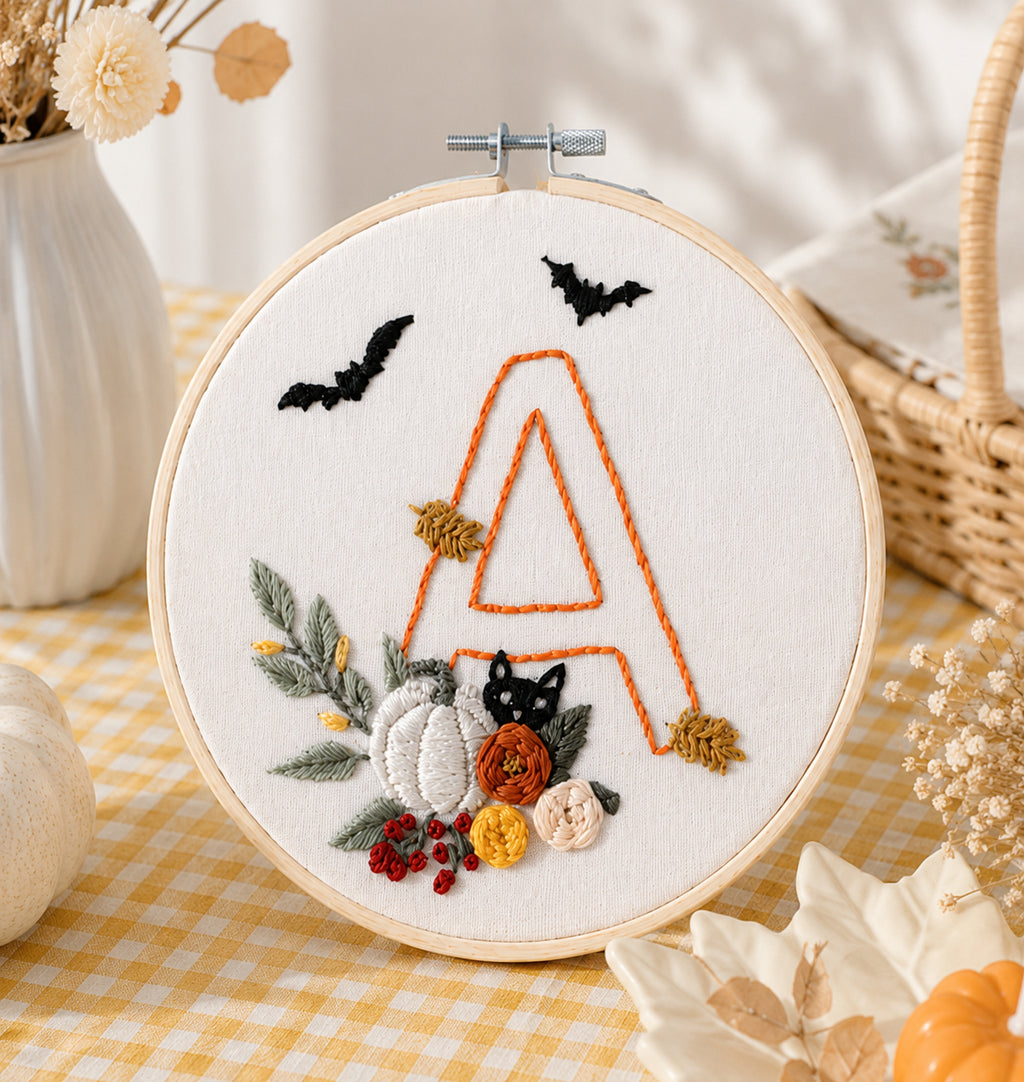 Personalized Halloween Monogram Embroidery Hoop, Custom Initial Letter Wall Art, Pumpkin Floral Embroidery, Handmade Fall Decor Gift HOOP13