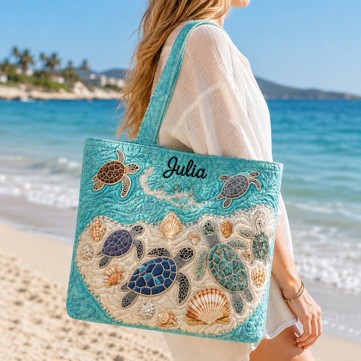 Sea Turtle Pattern Quilted Tote Bag, Coastal Beach Shoulder Bag, Ocean Turtle Pattern Art Tote, Fabric Tote Bag, Gift Bag QTOTE36