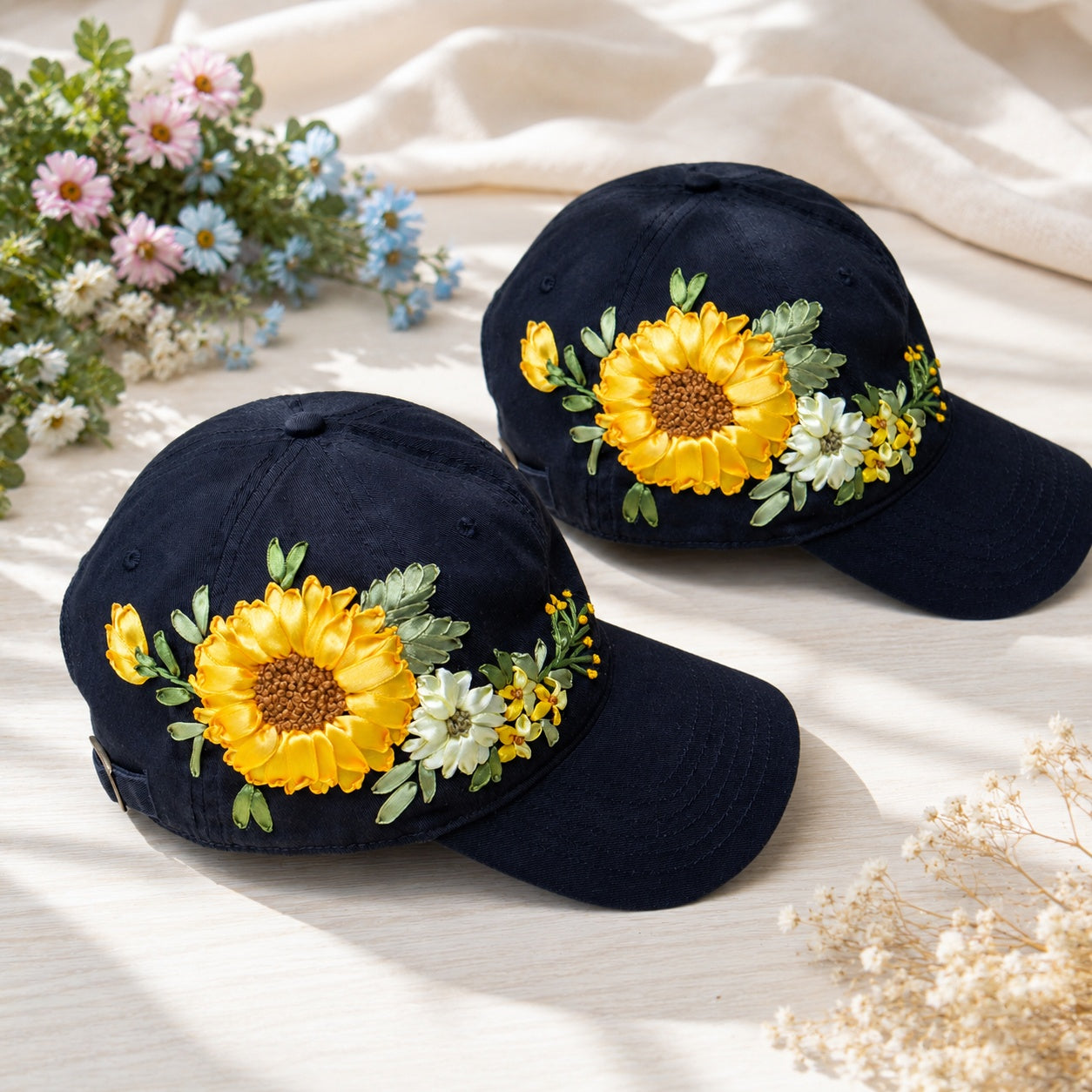 Custom Sunflower Hand-Embroidered Baseball Cap, Embroidered Cap, Hand Embroidered Cap, Custom Hat Embroidery, Family Hat EMSH11