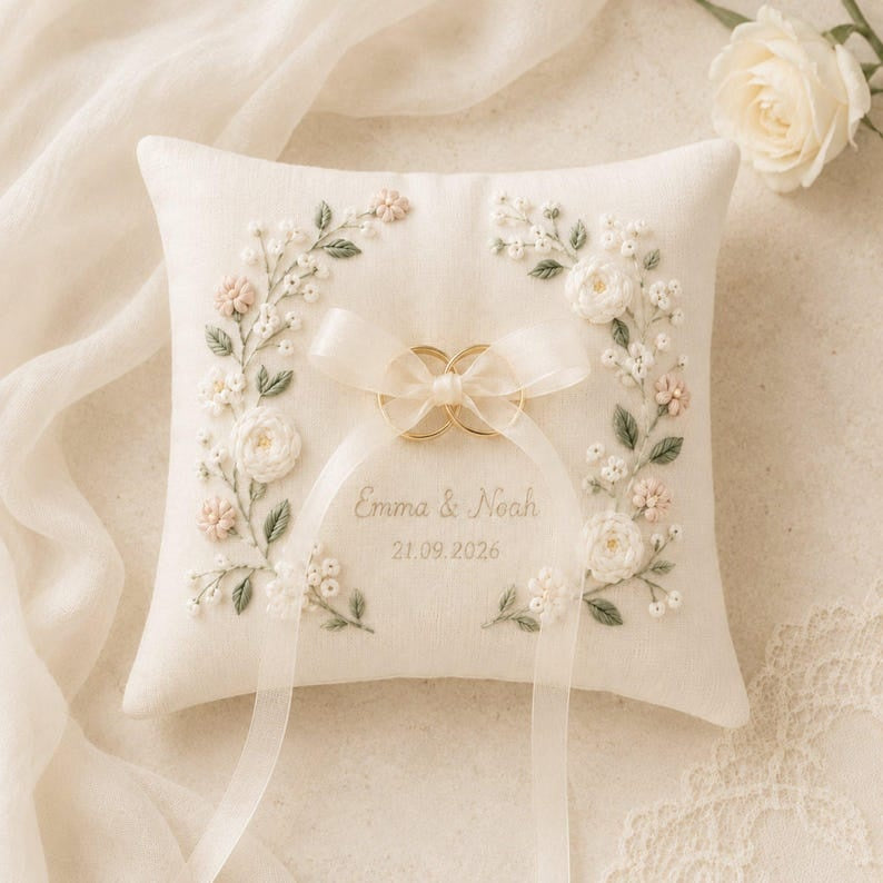 Personalized Embroidered Floral Wedding Ring Bearer Pillow, Custom Wedding Ring Pillow, Wedding Keepsake Gift WPILLOW11
