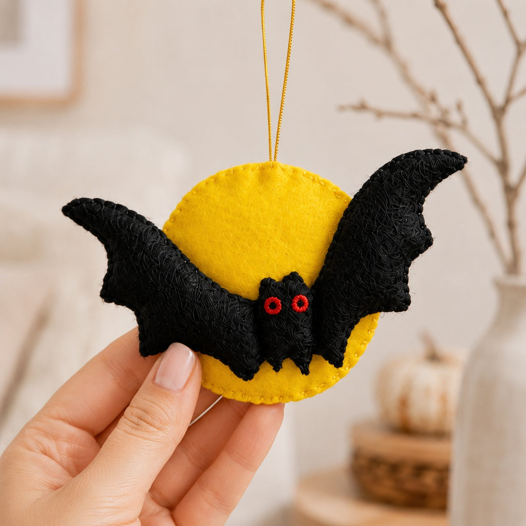 Set 3Pcs Moon Bats Felt Ornament, Embroidery Felt Ornament, Hanging Decor, Halloween Gift for Home Decoration HFOR13