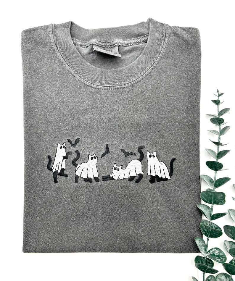 Embroidered Ghost Cat Shirt, Halloween Cat Lover Tee, Cat Shirt, Unisex Halloween Shirt HLEM12