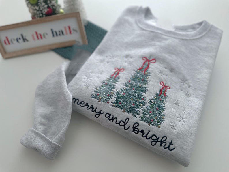 Merry and Bright Embroidered Sweatshirt, Christmas Tree Embroidered Crewneck, Cozy Christmas Sweater, Holiday Sweatshirt XMASS08