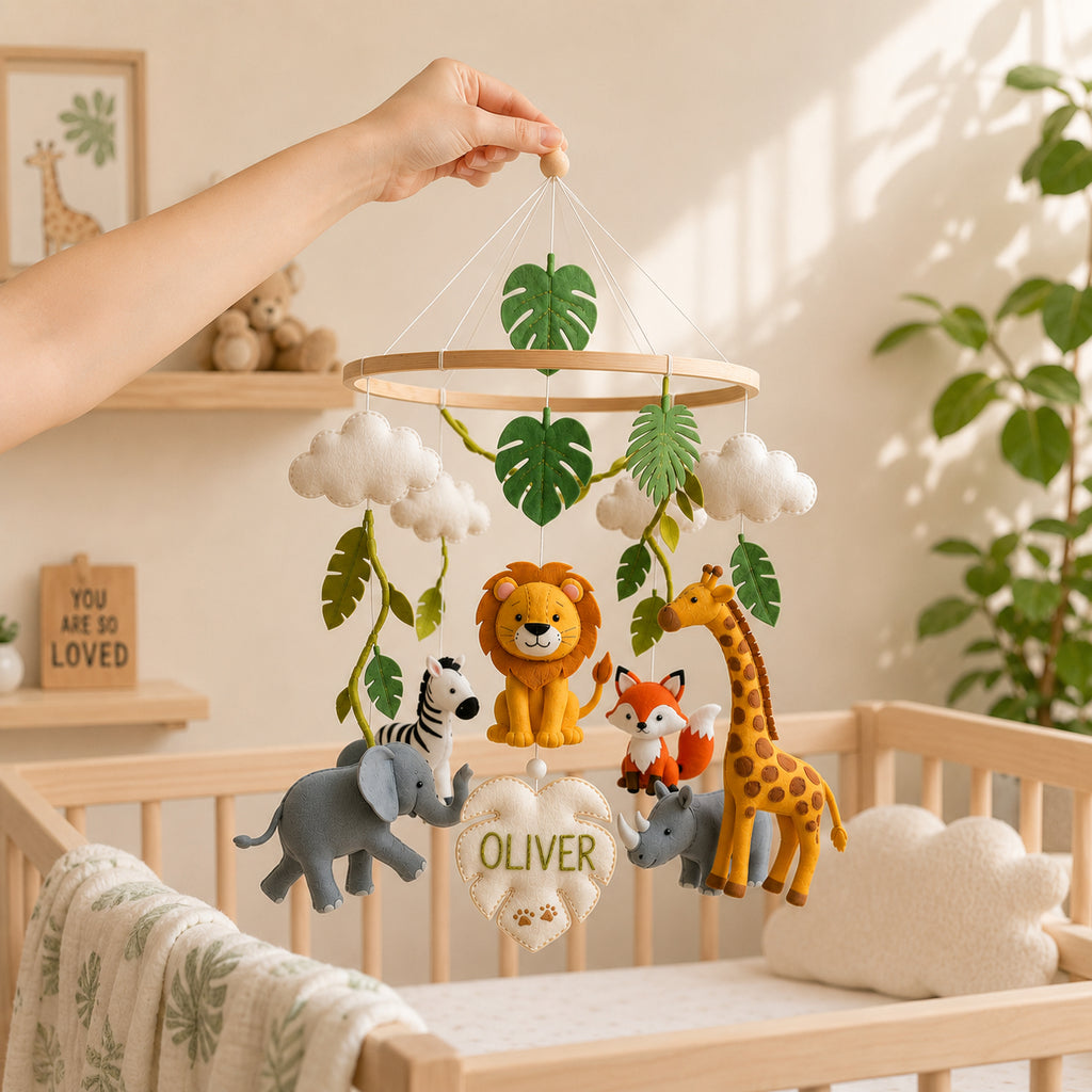 Personalized Safari Animals Felt Baby Mobile, Custom Name Jungle Nursery Crib Mobile, Lion Giraffe and Elephant Felt Hanging Decor BBMB12