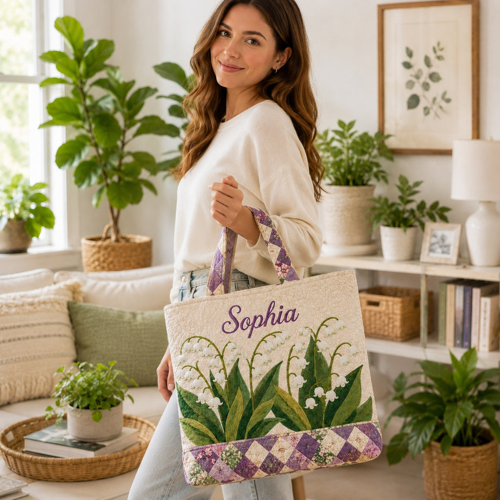 Lily of the Valley Quilted Tote Bag, Floral Tote Bag, Quilted Shoulder Bag, Quilted Book Bag, Fabric Bag QTOTE63