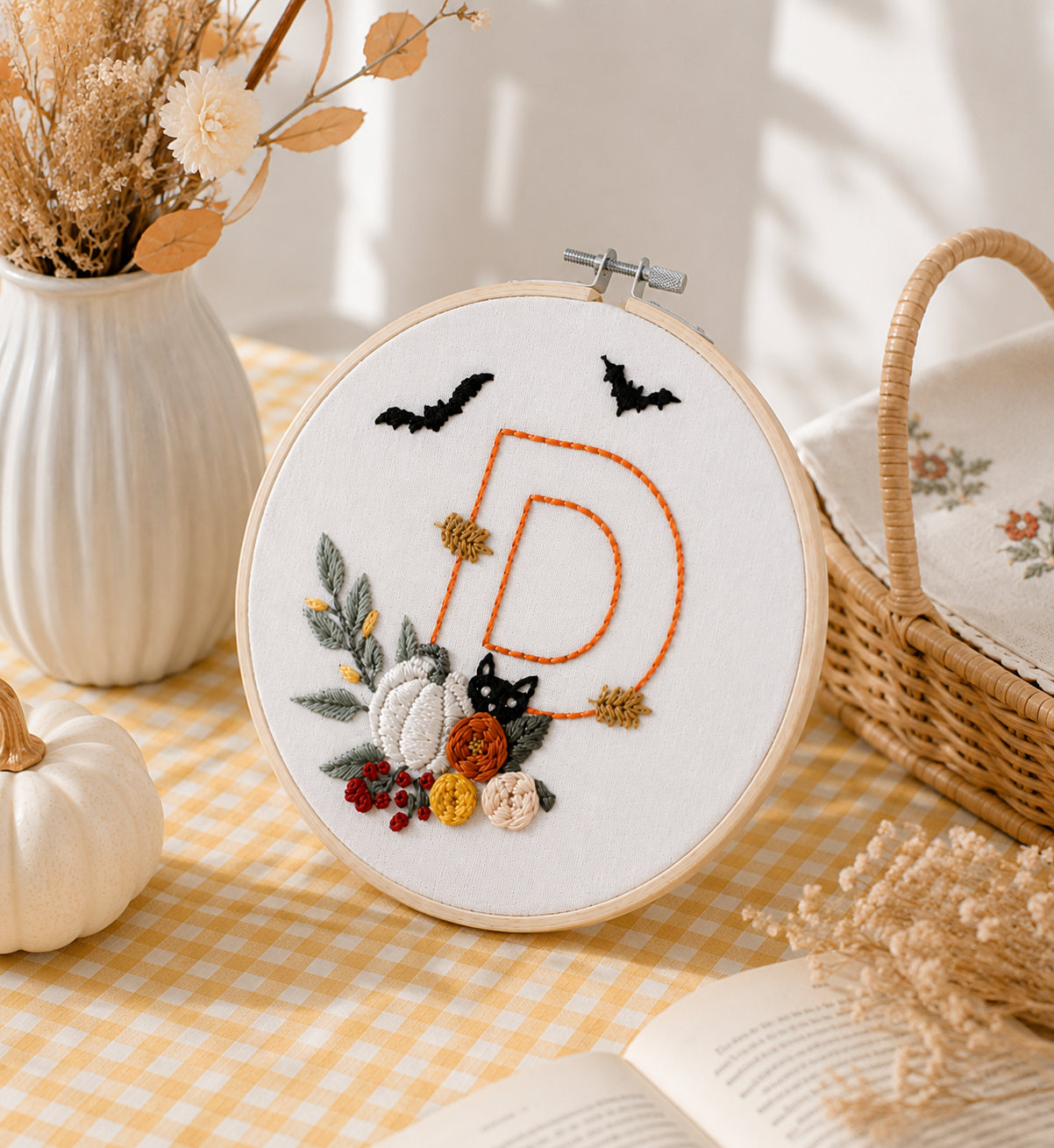 Personalized Halloween Monogram Embroidery Hoop, Custom Initial Letter Wall Art, Pumpkin Floral Embroidery, Handmade Fall Decor Gift HOOP13