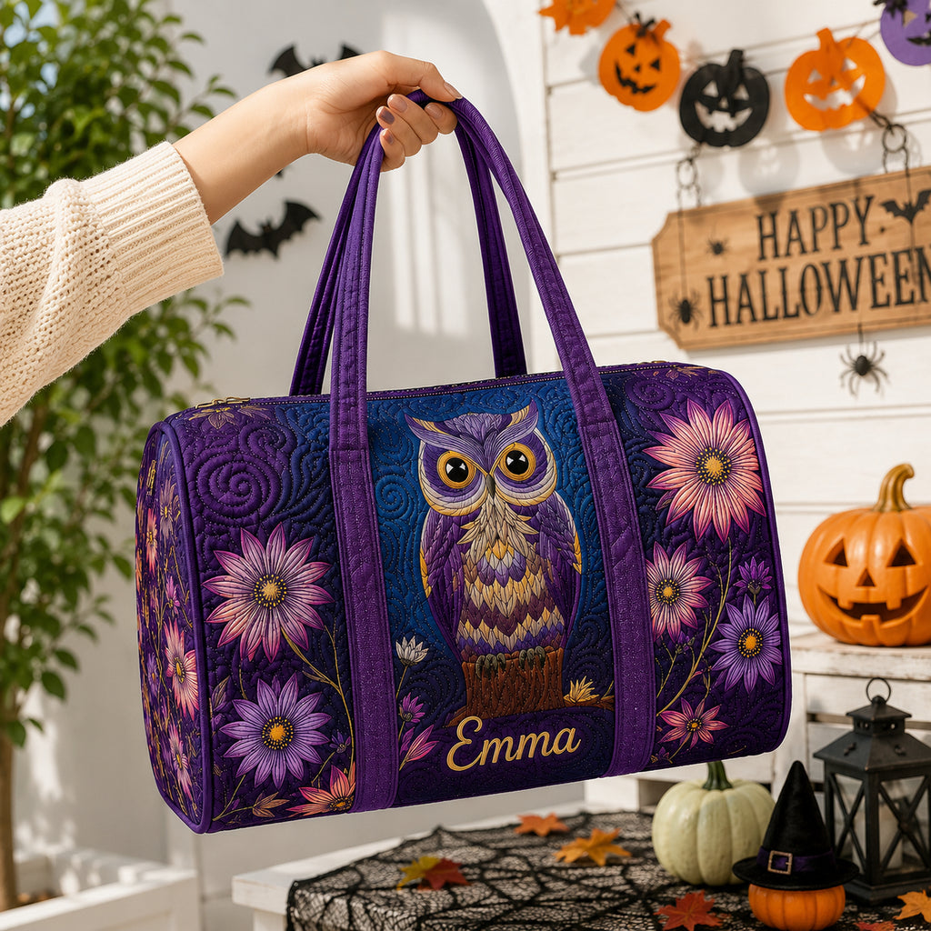 Owl Floral Quilted Duffle Bag, Fall Travel Bag with Name, Autumn Weekender Bag, Owl Lover Gift DFB34