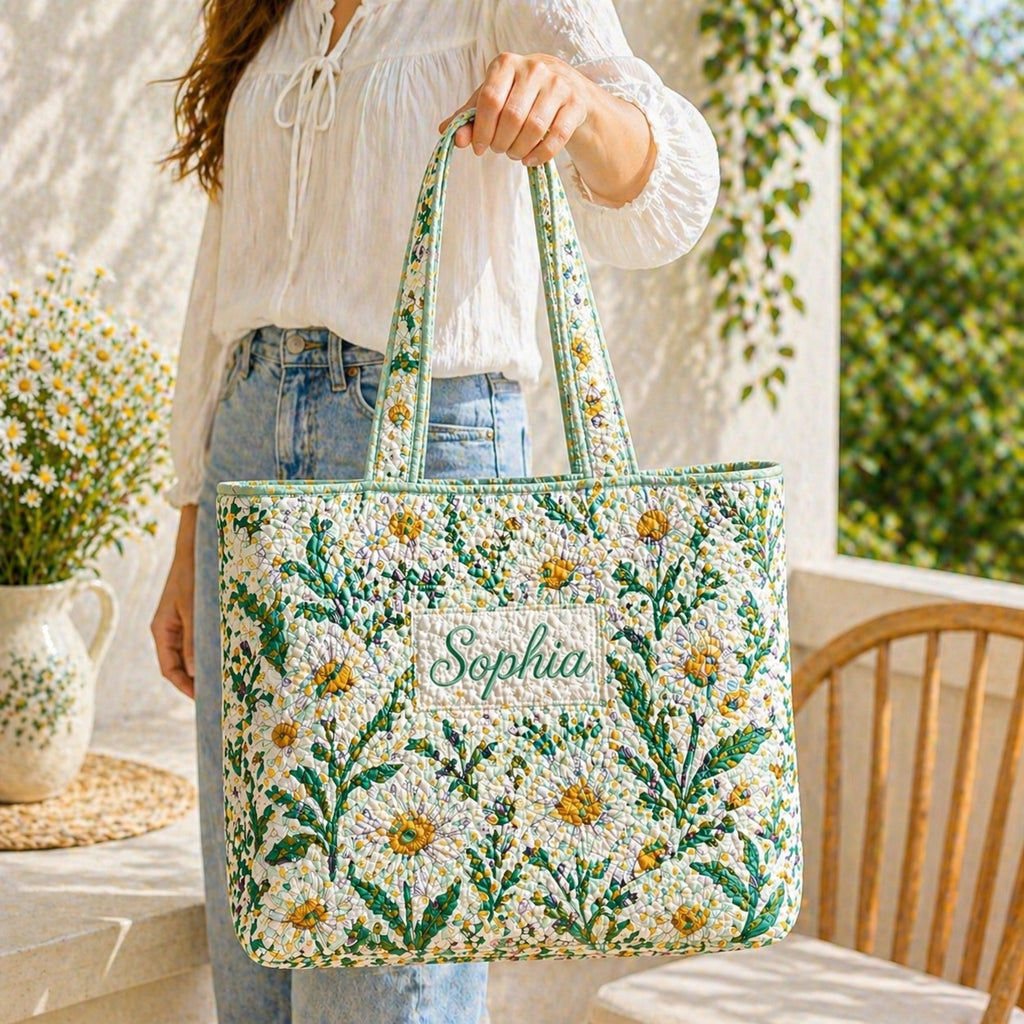Daisy Quilted Tote Bag, Daisy Pattern Tote Bag, Quilted Shoulder Bag, Quilted Book Bag, Fabric Bag QTOTE74