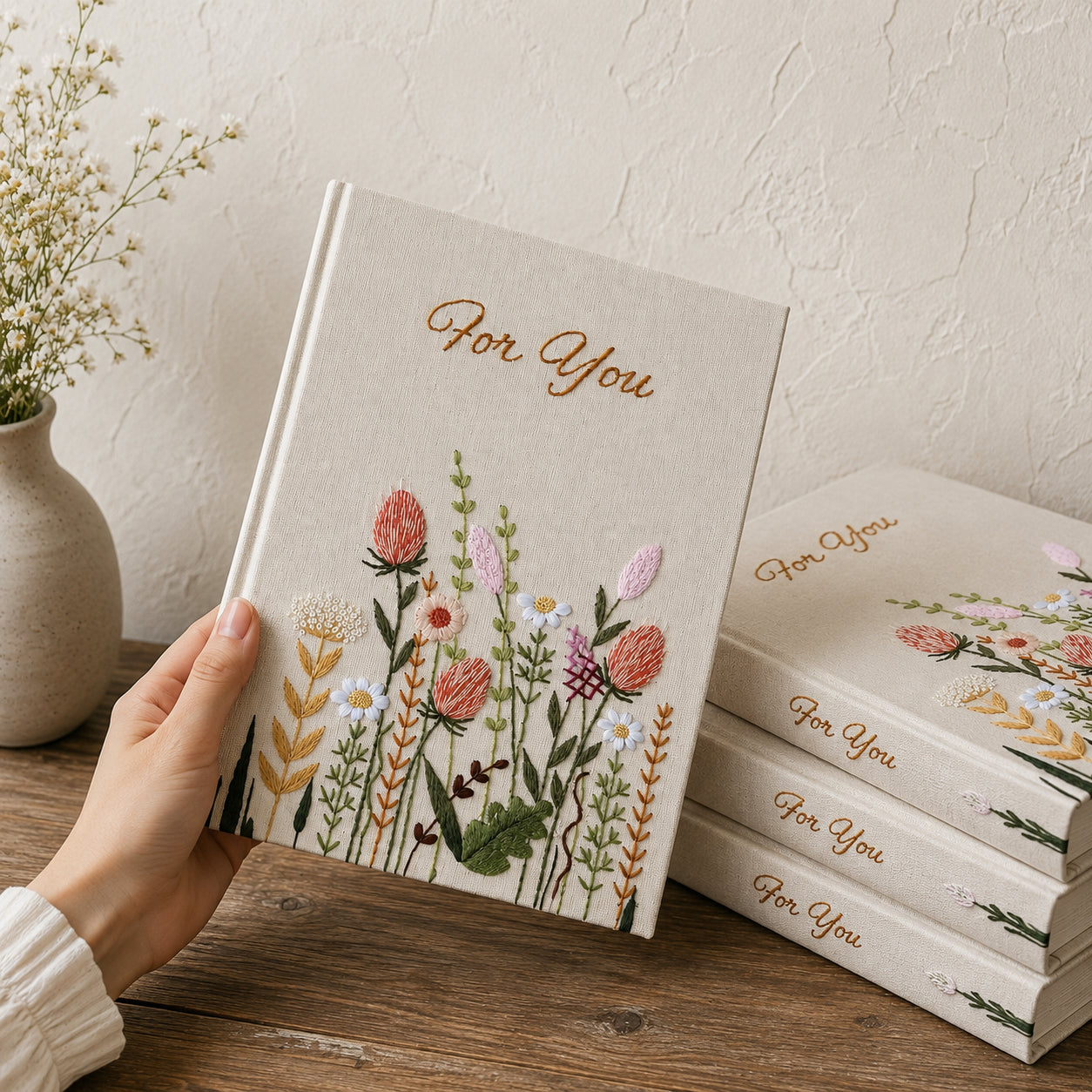 Hand Embroidered Floral Notebook, Custom Journal Notebook, Personalized Floral Notebook With Name, Linen Fabric Hard Cover Notebook, Special Custom Handmade Gift and Keepsakes ENB07