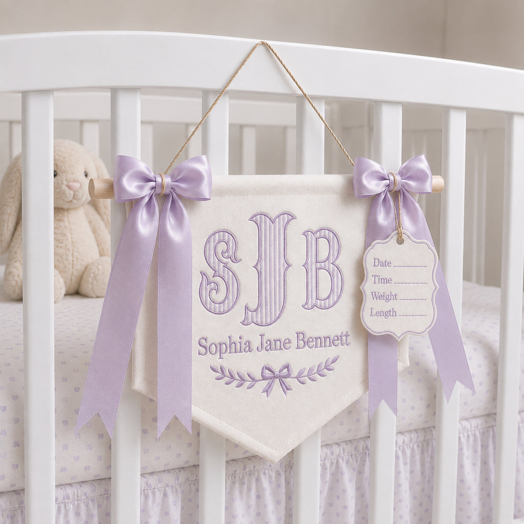 Personalized Embroidered Baby Name Banner, Custom Hospital Crib Banner with Birth Stats Tag, Newborn Nursery Keepsake, Monogram Hospital Door Hanger, Baby Shower Gift BBFLAG10