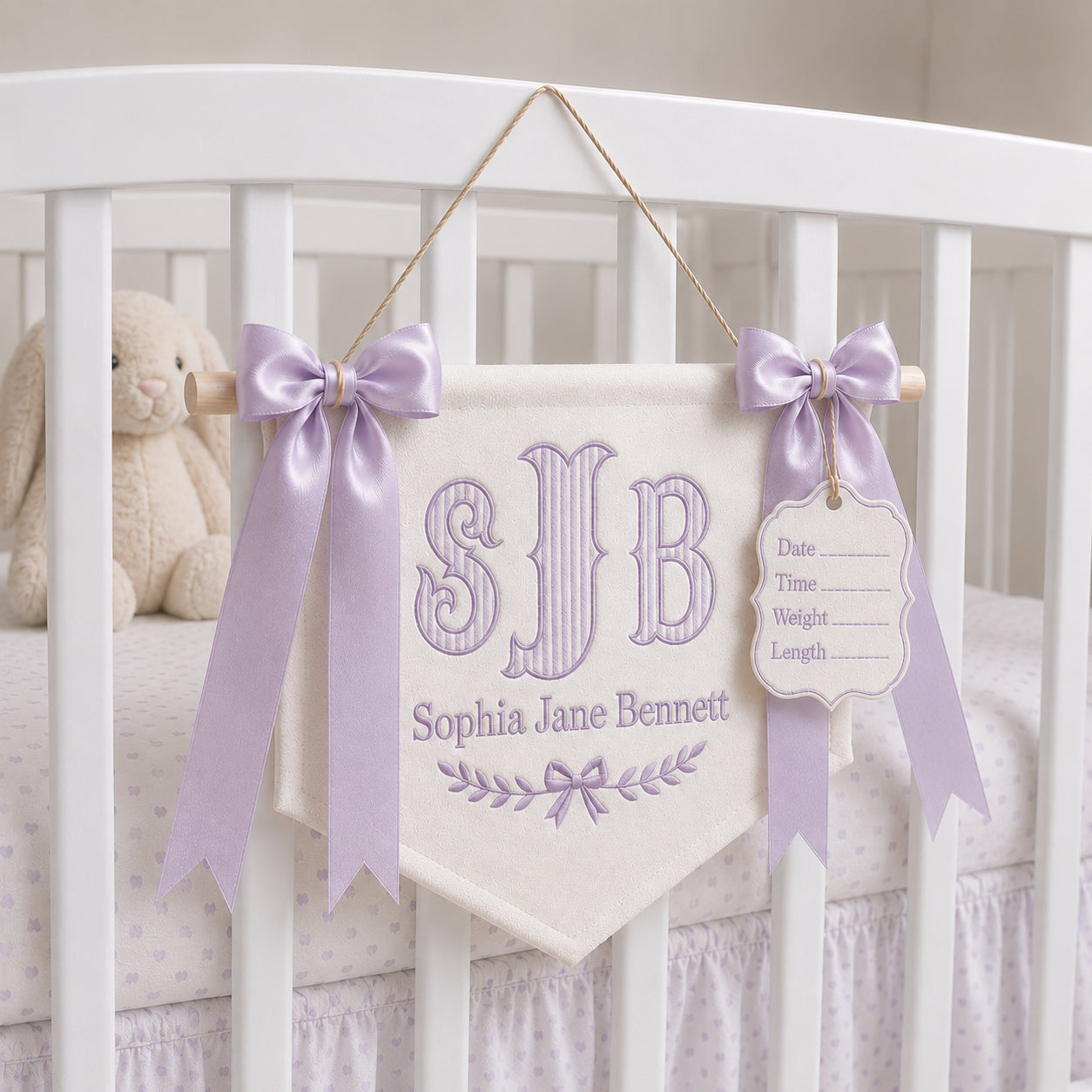 Personalized Embroidered Baby Name Banner, Custom Hospital Crib Banner with Birth Stats Tag, Newborn Nursery Keepsake, Monogram Hospital Door Hanger, Baby Shower Gift BBFLAG10