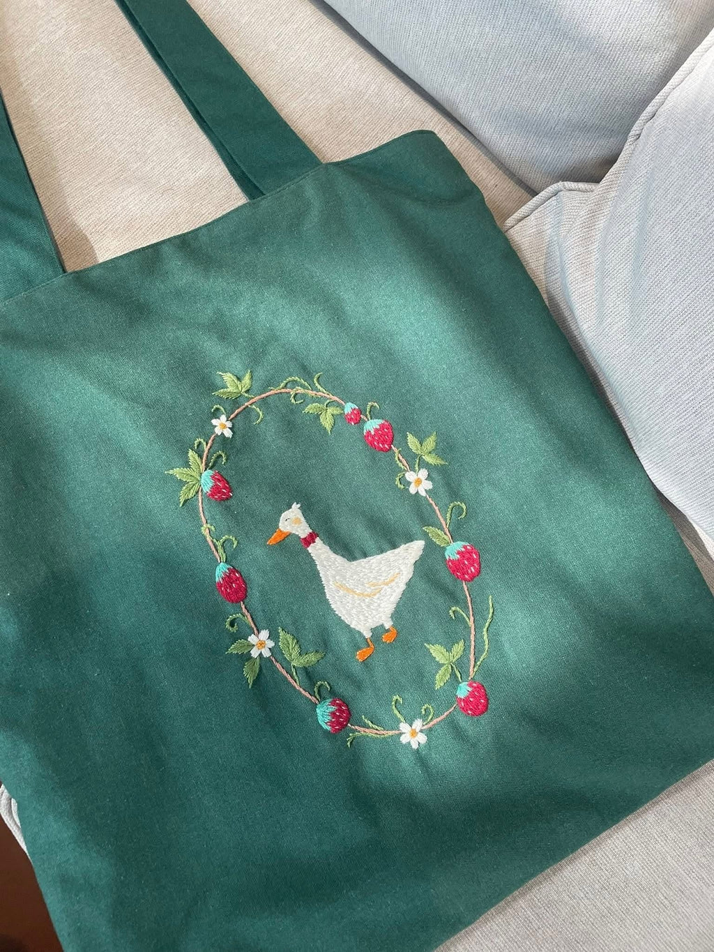 Personalized Hand Embroidered Duck And Floral Canvas Tote Bag, Embroidery Flower Tote Bag, Custom Bag, Aesthetic Bag, Handmade Tote Bag EMT10
