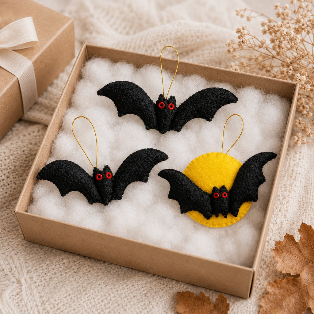 Set 3Pcs Moon Bats Felt Ornament, Embroidery Felt Ornament, Hanging Decor, Halloween Gift for Home Decoration HFOR13