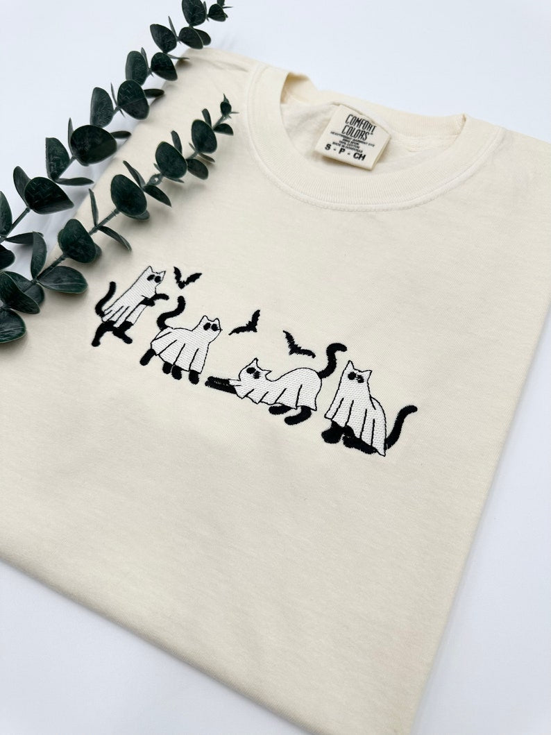 Embroidered Ghost Cat Shirt, Halloween Cat Lover Tee, Cat Shirt, Unisex Halloween Shirt HLEM12