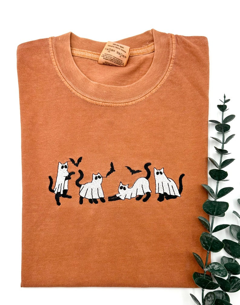 Embroidered Ghost Cat Shirt, Halloween Cat Lover Tee, Cat Shirt, Unisex Halloween Shirt HLEM12