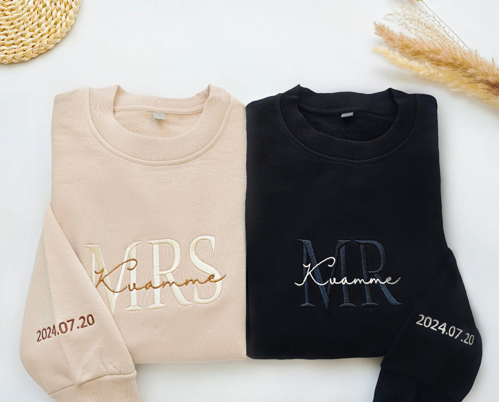 Bride and Wife Sweatshirt Set, Mr and Mrs Embroidered Couple Sweaters, Personalized Wedding Date Gift, Honeymoon Outfit, Newlywed Top
