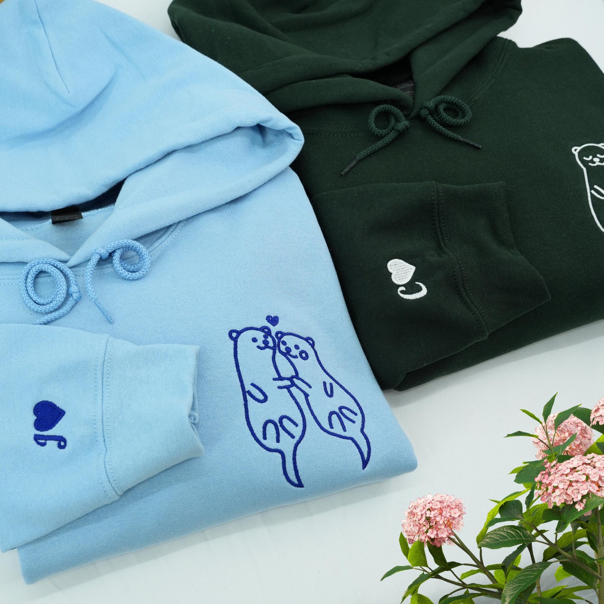Embroidered Otter Couple Hoodie, Matching Hoodie Set for Him and Her, Cute Otter Sweatshirt, Anniversary Gift, Minimalist Style