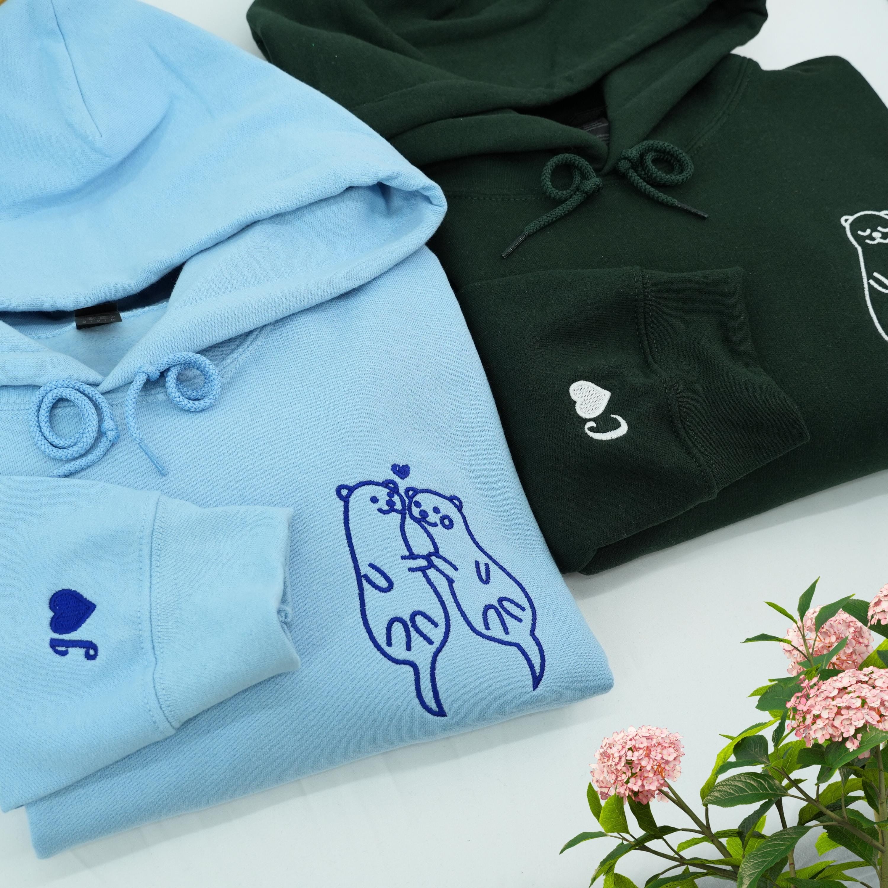 Embroidered Otter Couple Hoodie, Matching Hoodie Set for Him and Her, Cute Otter Sweatshirt, Anniversary Gift, Minimalist Style