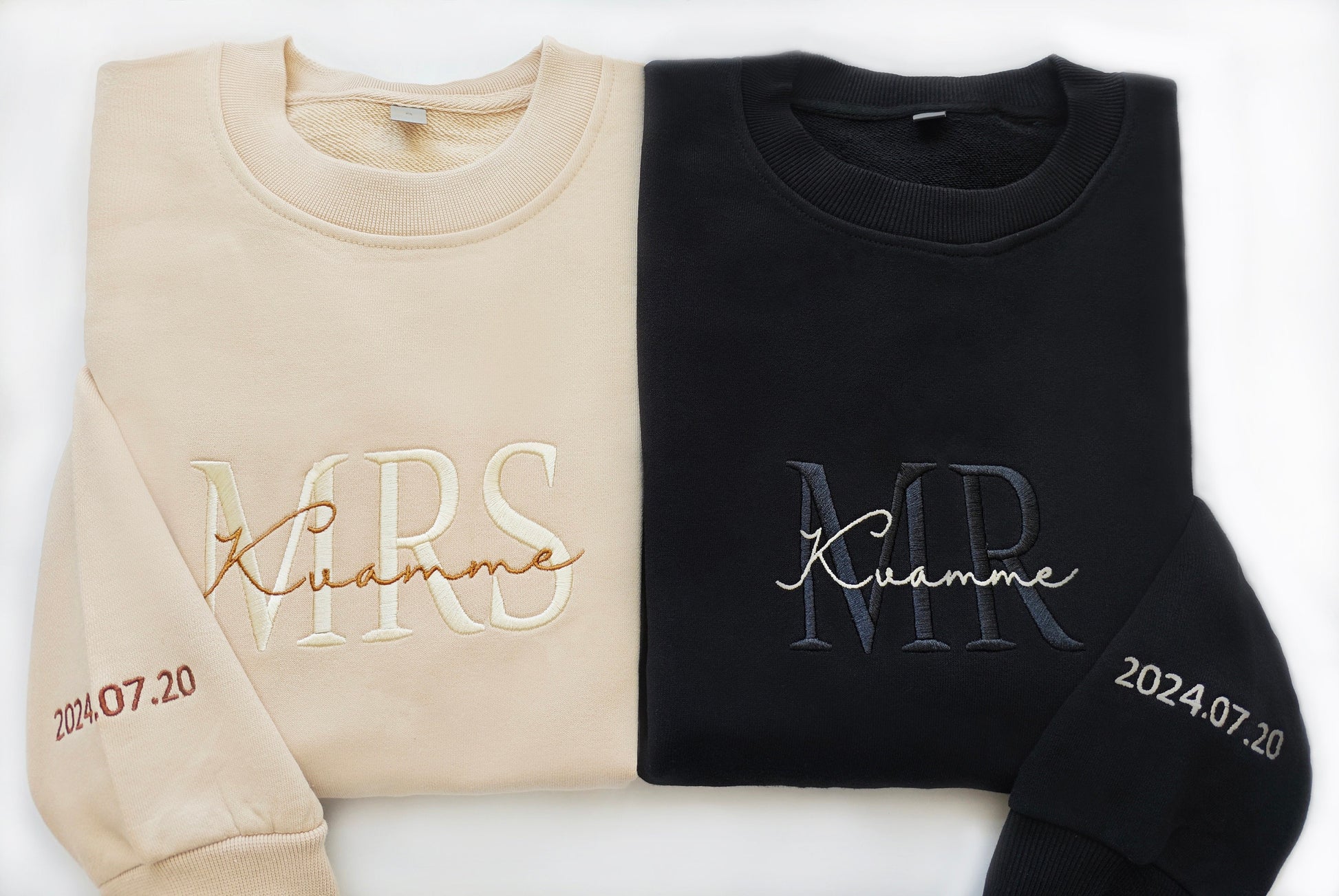 Bride and Wife Sweatshirt Set, Mr and Mrs Embroidered Couple Sweaters, Personalized Wedding Date Gift, Honeymoon Outfit, Newlywed Top