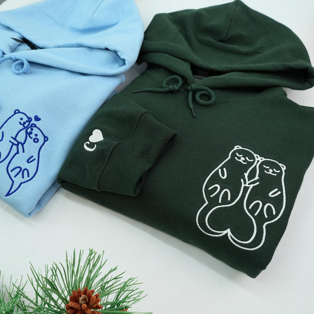 Embroidered Otter Couple Hoodie, Matching Hoodie Set for Him and Her, Cute Otter Sweatshirt, Anniversary Gift, Minimalist Style