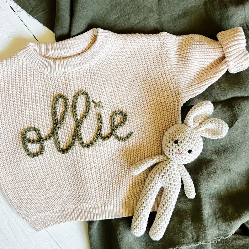 Knit Baby Sweater Personalized, Hand Embroidery Name Pullover, Unique Baby Gift