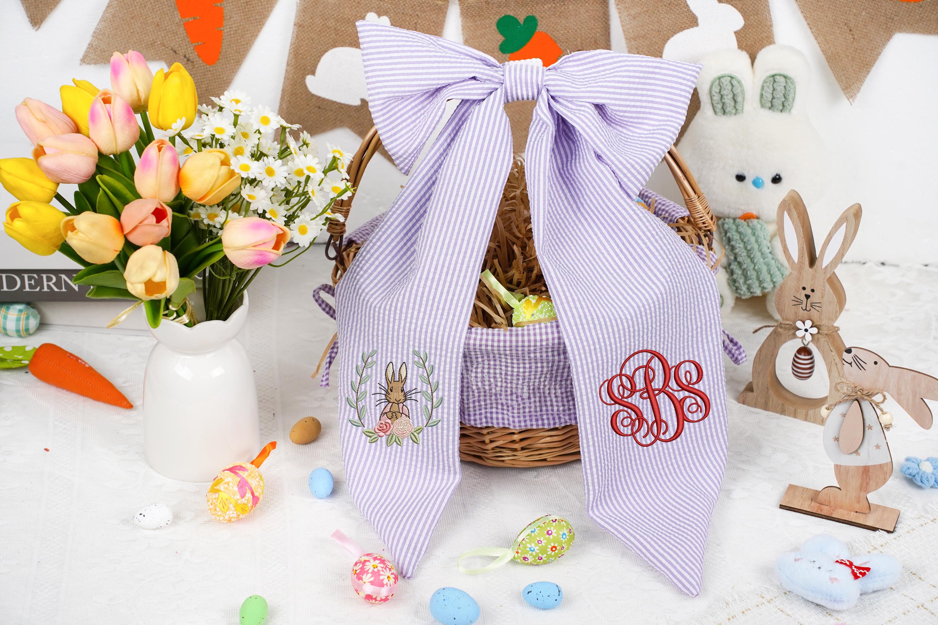 Personalized Seersucker Easter Basket Bow, Custom Monogrammed Bow, Baby Shower Favor, Wedding Basket Bow, Spring Decoration