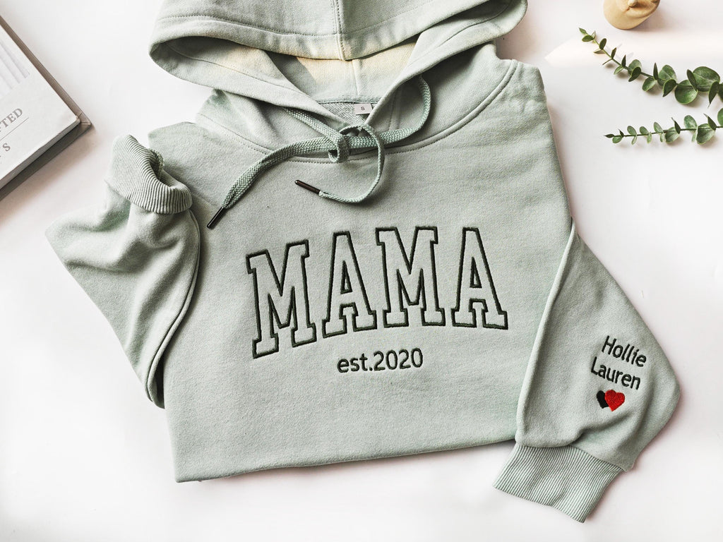 Custom Mama Embroidered Sweatshirt, Name On Sleeve With Heart, Mama Est Year Shirt, Grandma Shirt With Date, Gift For New Mom,Mothers Day Gift