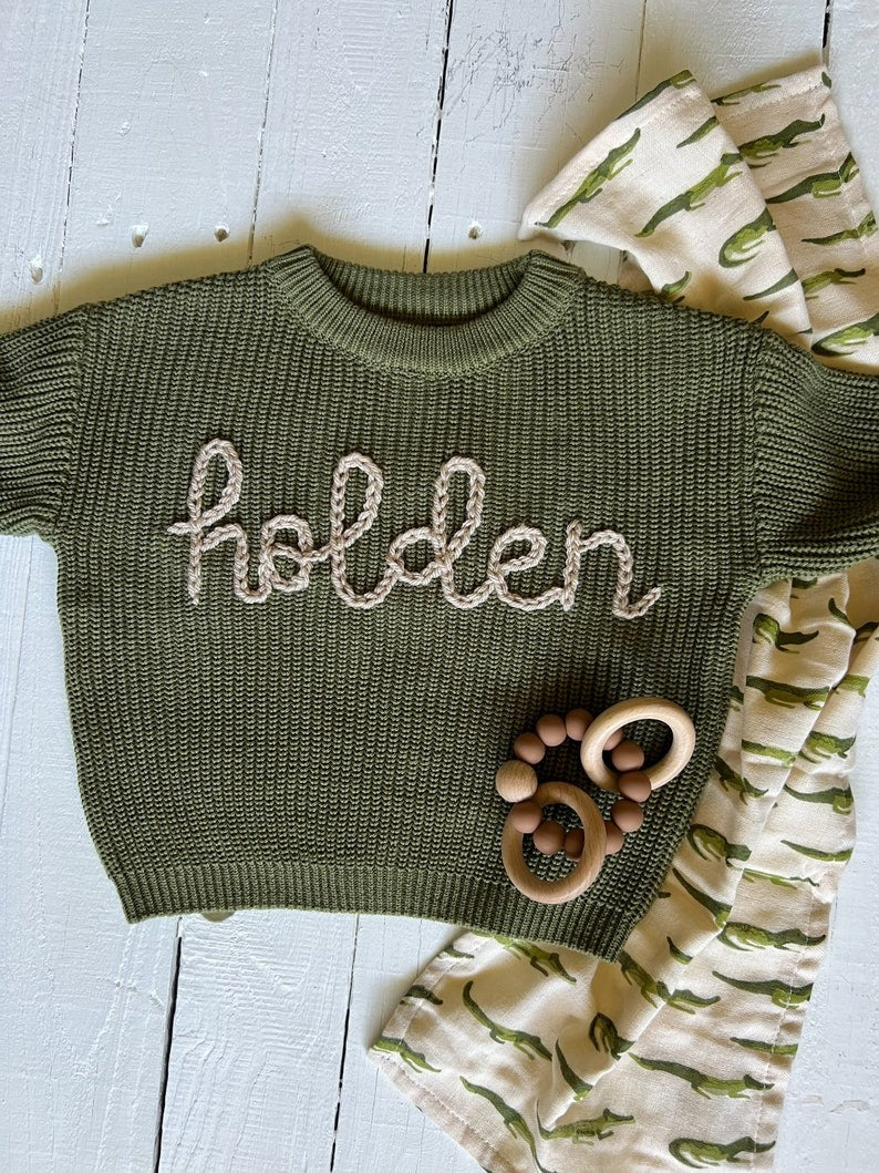 Knit Baby Sweater Personalized, Hand Embroidery Name Pullover, Unique Baby Gift