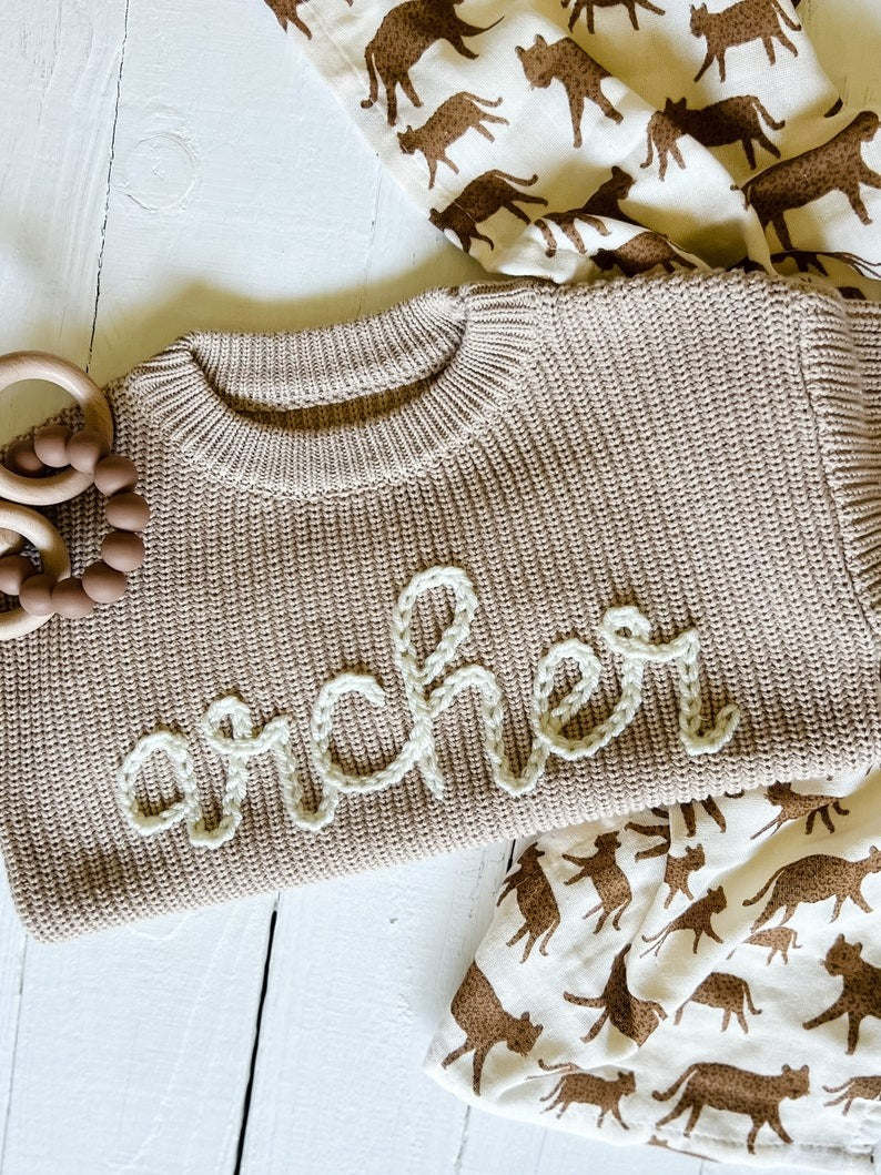 Knit Baby Sweater Personalized, Hand Embroidery Name Pullover, Unique Baby Gift