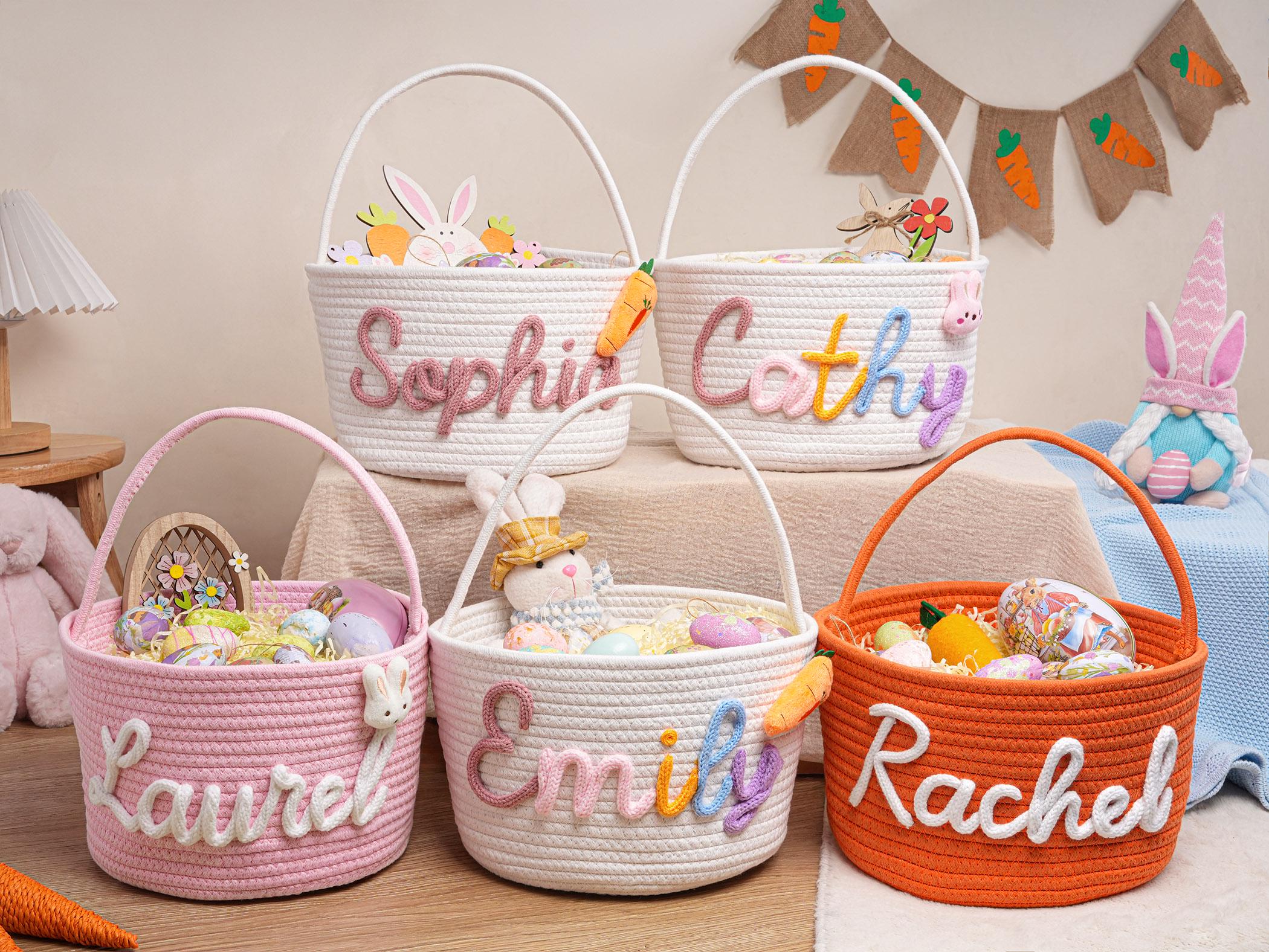 Personalized Easter Basket with Name, Handwoven Rope Basket, Easter Bunny Gift for Kids, Easter Egg Hunt Basket, Baby Shower Gift