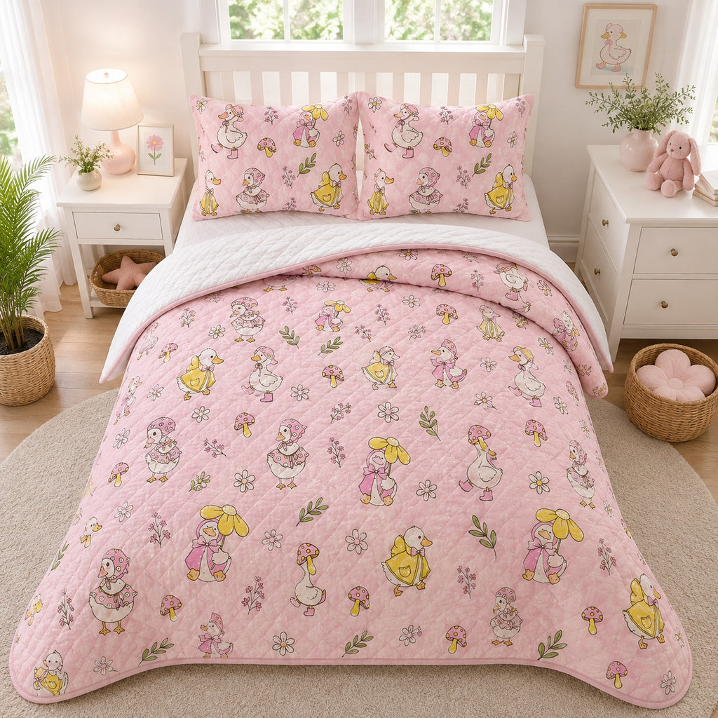 Pink Goose Quilted Bedding Set, Cute Goose & Floral Quilt Set with Pillow Covers, Girls Cottagecore Bedroom Decor QBEDSET11