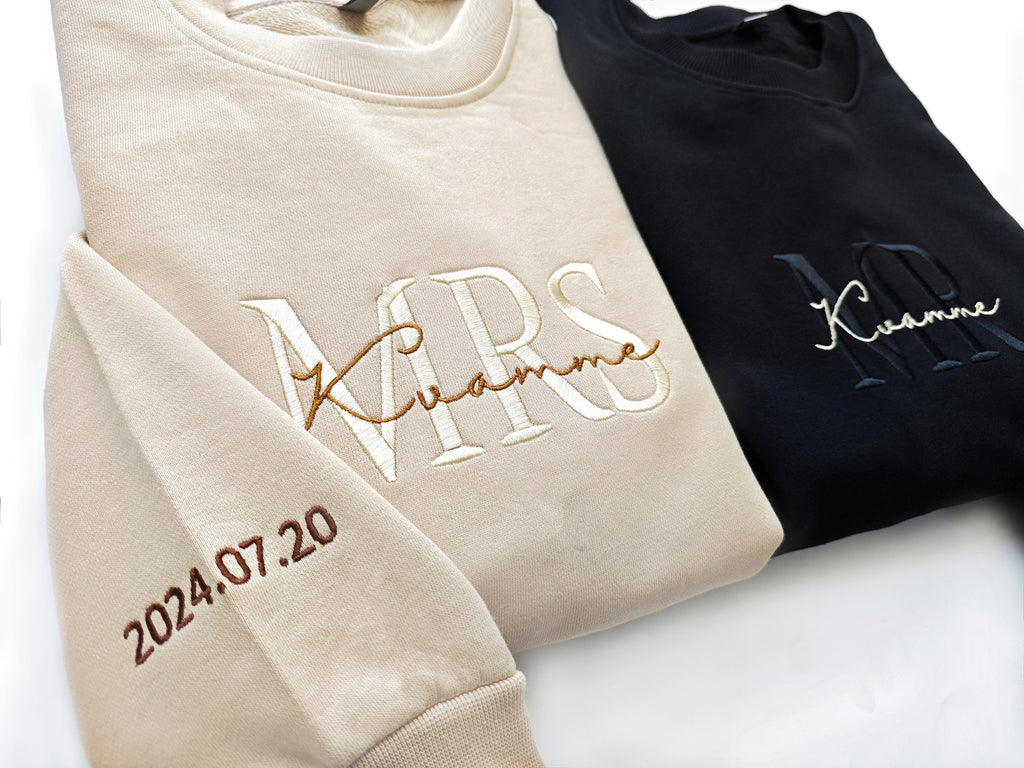 Bride and Wife Sweatshirt Set, Mr and Mrs Embroidered Couple Sweaters, Personalized Wedding Date Gift, Honeymoon Outfit, Newlywed Top