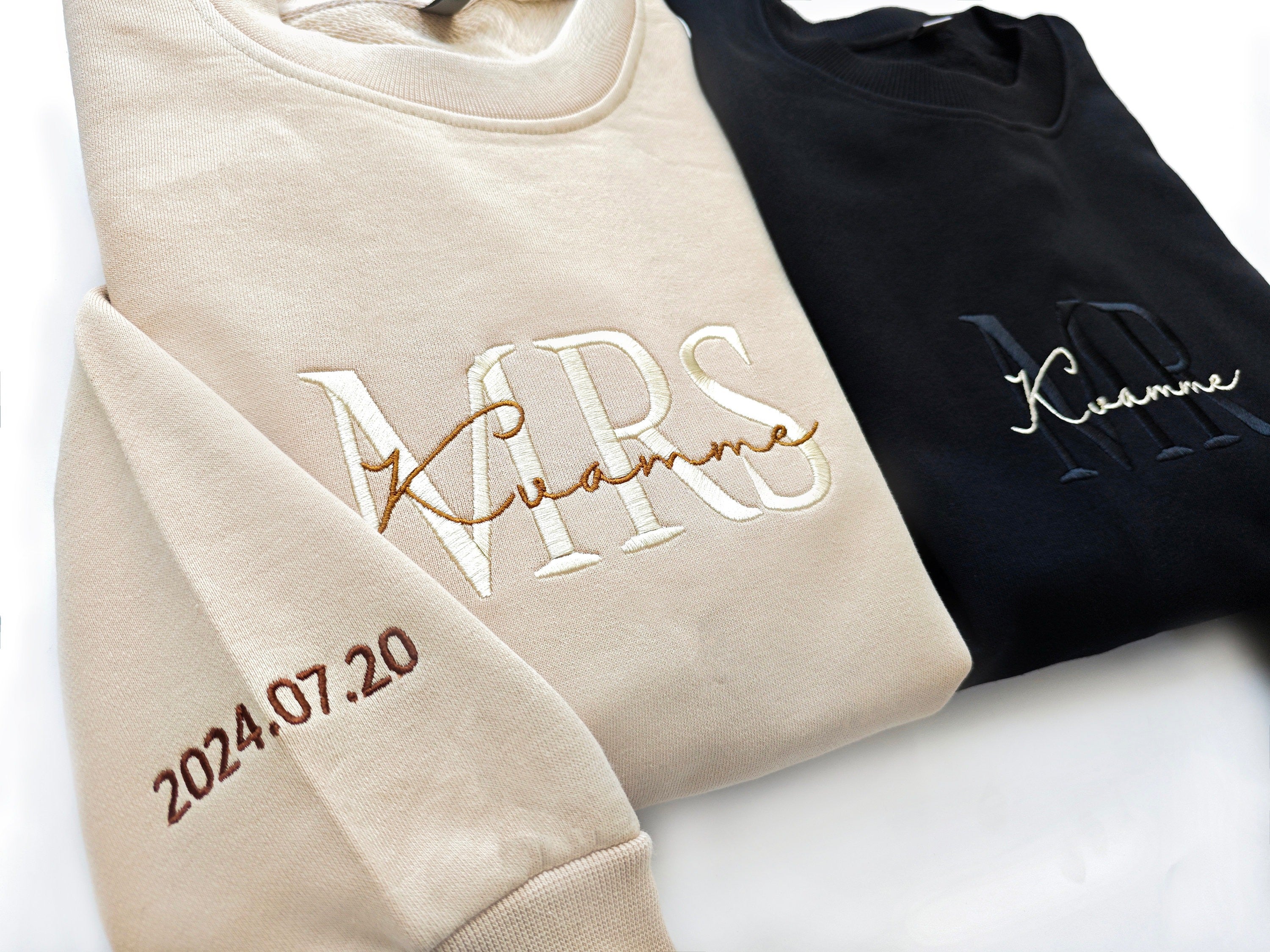 Bride and Wife Sweatshirt Set, Mr and Mrs Embroidered Couple Sweaters, Personalized Wedding Date Gift, Honeymoon Outfit, Newlywed Top