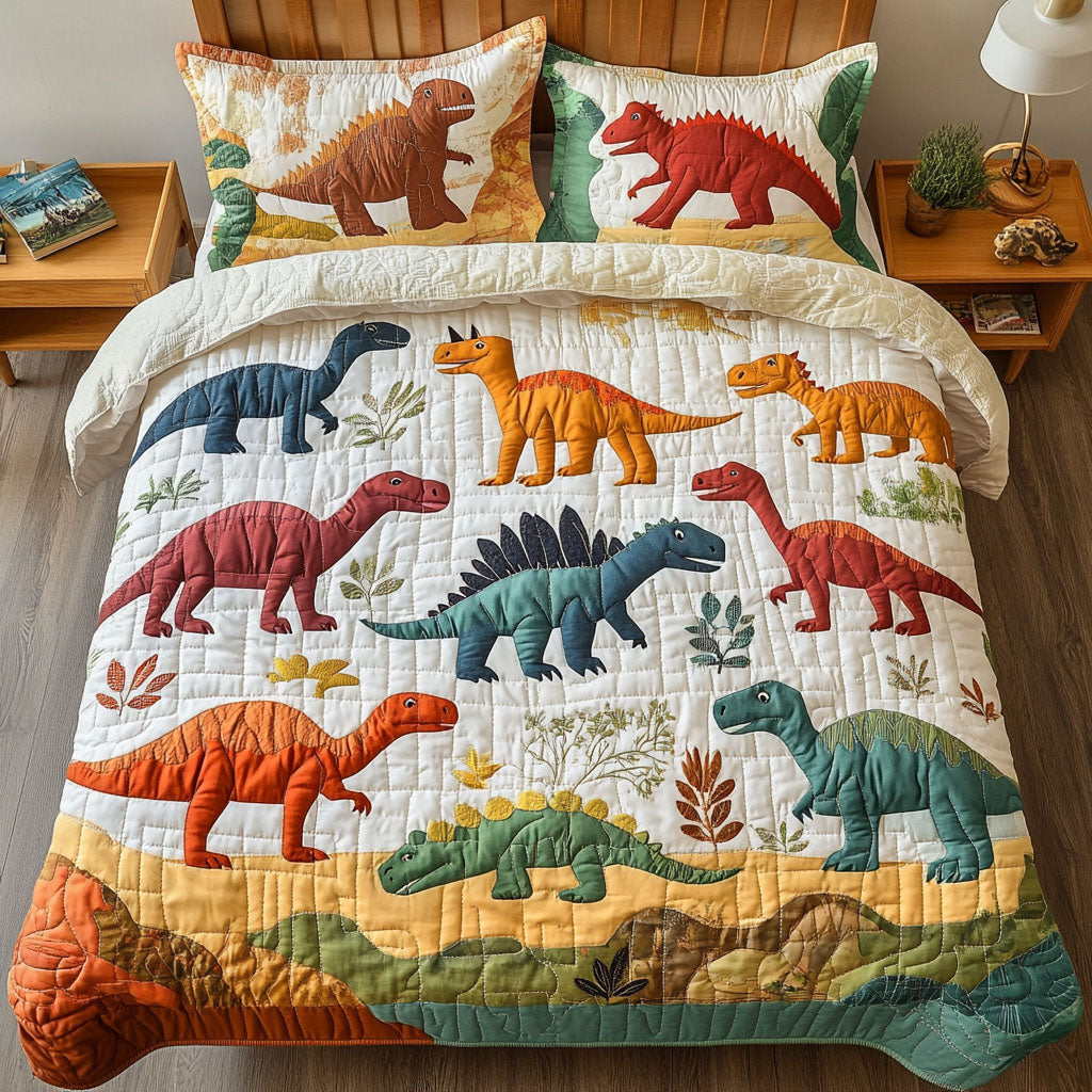 Dinosaur Quilted Bedding Set, Colorful Prehistoric Dinosaur Quilt with Pillow Covers, Kids Dino Bedroom Decor QBEDSET45